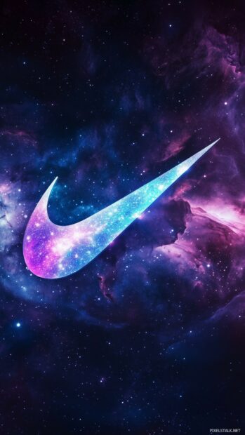 A sleek Nike logo set against a swirling galaxy backdrop.