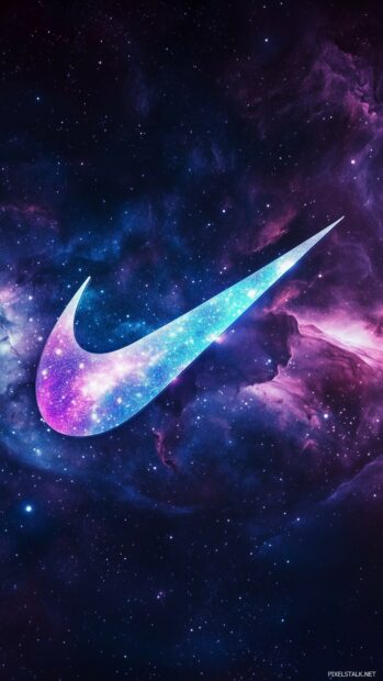 A sleek Nike logo set against a swirling galaxy backdrop, with swirling colors of space.