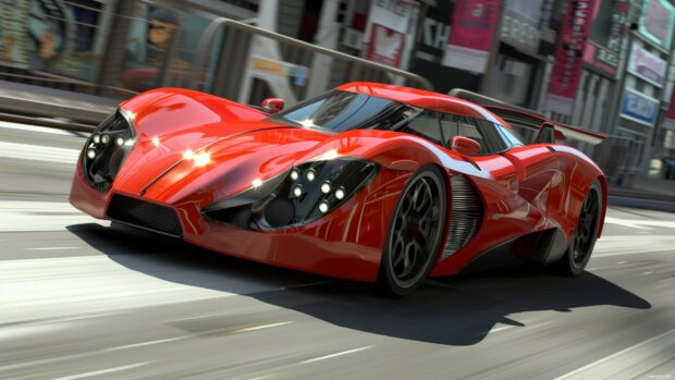 A sleek and modern cool 2D sports car racing on a futuristic city street, desktop wallpaper 4K.