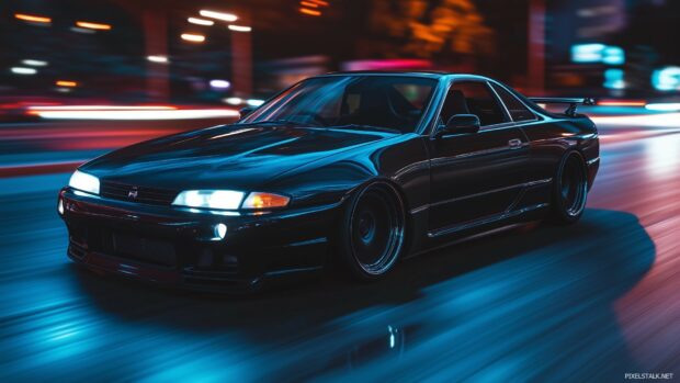 A sleek black Nissan Silvia drifting around a sharp corner at night.