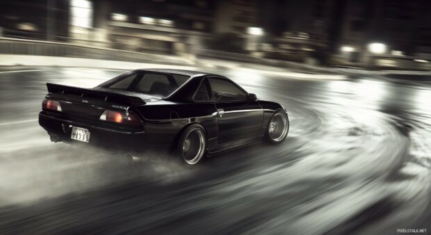 A sleek black Nissan Silvia drifting around a sharp corner at night, with bright city lights reflecting off the wet pavement.