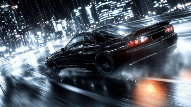 A sleek black Nissan Silvia drifting around a sharp corner at night, with bright city lights reflecting off the wet pavement.