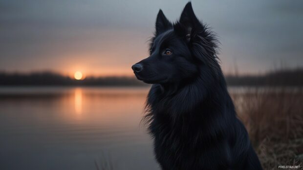 A sleek black dog sitting by a serene lakeside at sunset.