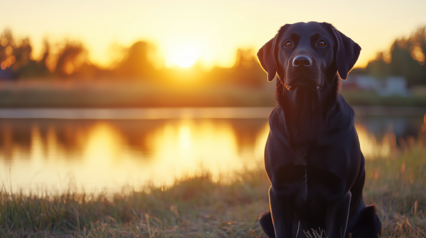 A sleek black dog sitting by a serene lakeside at sunset, with soft light reflecting off the water 3.