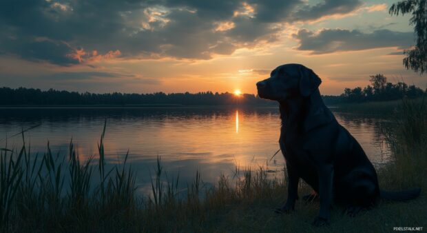 A sleek black dog sitting by a serene lakeside at sunset, with soft light reflecting off the water.