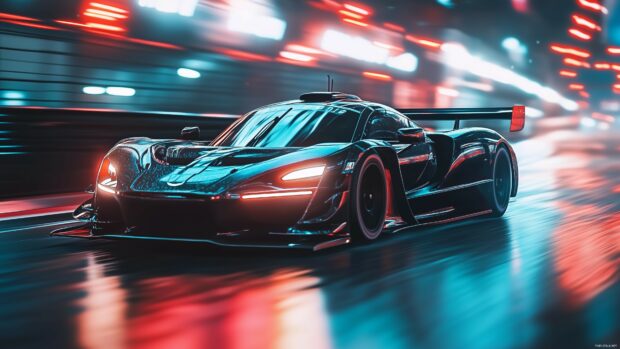 A sleek black sports car drifting around a corner on a wet racetrack under neon lights.