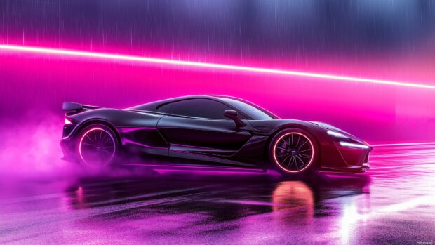 A sleek black super car drifting around a corner on a wet racetrack under neon lights.