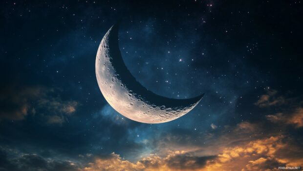 A sleek crescent moon floating in a dark, elegant sky with soft pastel clouds and a refined scattering of stars.