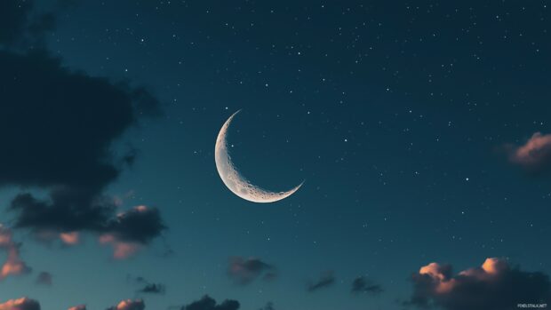 A sleek crescent moon floating in a dark, elegant sky with soft pastel clouds and a refined scattering of stars, cool wallpaper.