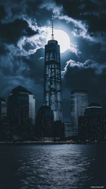 A sleek modern city skyline under moonlight, with silhouettes of skyscrapers and soft shadows.