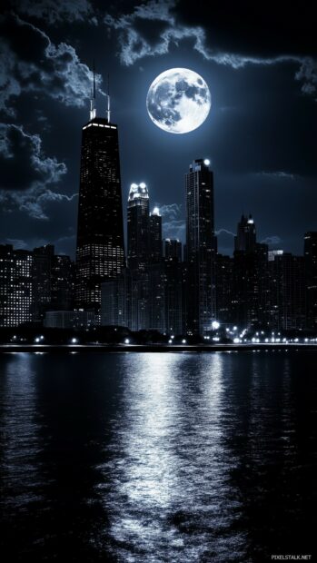 A sleek modern city skyline under moonlight, with silhouettes of skyscrapers and soft shadows, Aesthetic Moon Wallpaper.