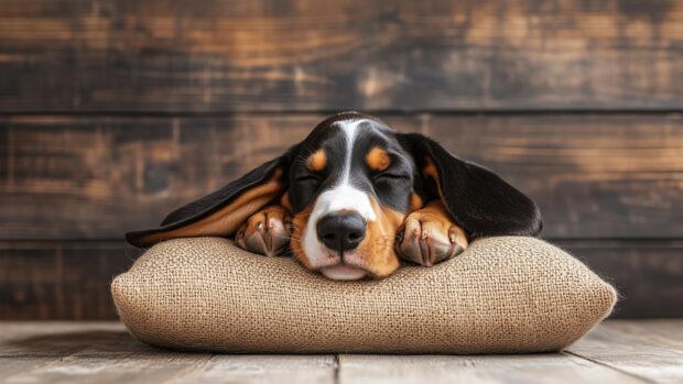 A sleepy Basset Hound puppy with long ears, napping on a soft pillow.