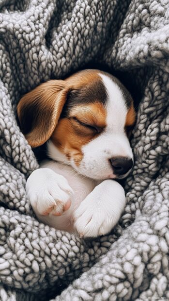 A sleepy Beagle dog curled up in a soft blanket, with only its nose peeking out.