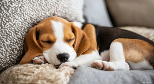 A sleepy Beagle puppy curled up on a cozy blanket, surrounded by soft pillows.