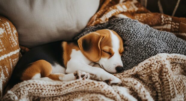 A sleepy Beagle puppy curled up on a cozy blanket, surrounded by soft pillows, Black and white Dog background.