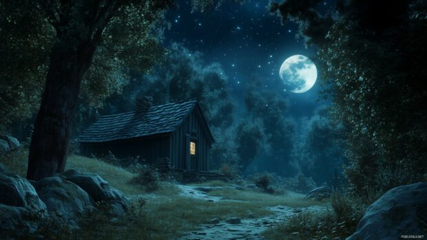 A small cabin in the woods, gently illuminated by moonlight, with soft shadows and a star filled sky above3.