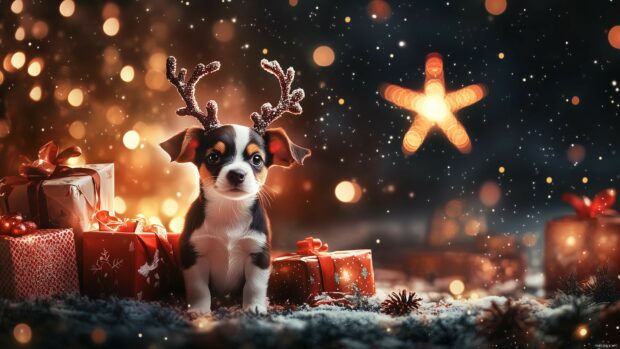 A small puppy with reindeer antlers, surrounded by presents and a glowing Christmas star in the background (2).