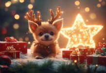 A small puppy with reindeer antlers, surrounded by presents and a glowing Christmas star in the background (3).