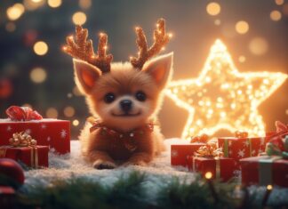 A small puppy with reindeer antlers, surrounded by presents and a glowing Christmas star in the background (3).