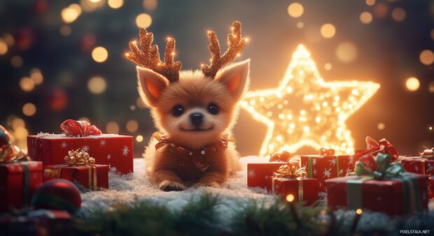 A small puppy with reindeer antlers, surrounded by presents and a glowing Christmas star in the background (3).