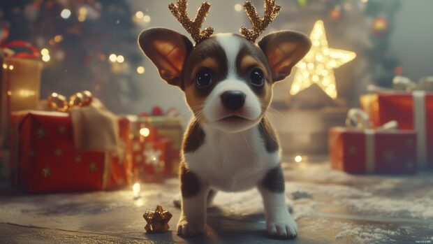 A small puppy with reindeer antlers, surrounded by presents and a glowing Christmas star in the background (4).