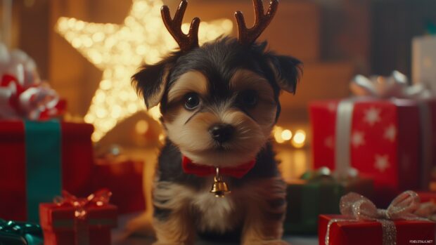 A small puppy with reindeer antlers, surrounded by presents and a glowing Christmas star in the background.