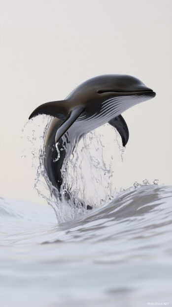 A smooth 3D abstract whale emerging from gentle ocean waves, with the water droplets forming a dynamic and minimalist composition.