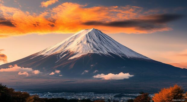 A snow Mountain peak glowing under the golden hues of a sunrise.