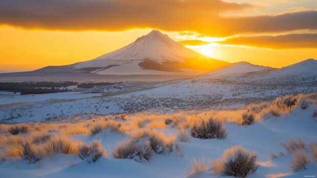 A snow covered Mountain peak glowing under the golden hues of a sunrise.