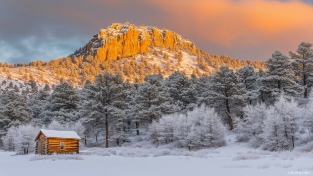 A snow covered Mountain with a small wooden cabin at its base, surrounded by frosted pine trees.