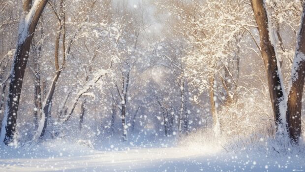 A snow covered forest glade with delicate snowflakes gently falling, highlighting the beauty of a tranquil winter wonderland.