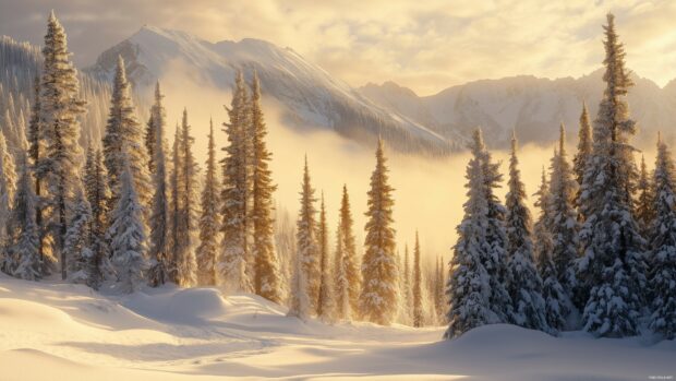 A snow covered forest with tall evergreen trees and a light fog settling over the landscape.