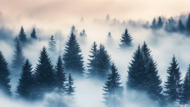 A snow covered forest with tall evergreen trees and a light fog settling over the landscape.