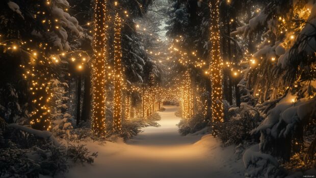 A snow covered forest with tall pine trees decorated with Christmas lights.