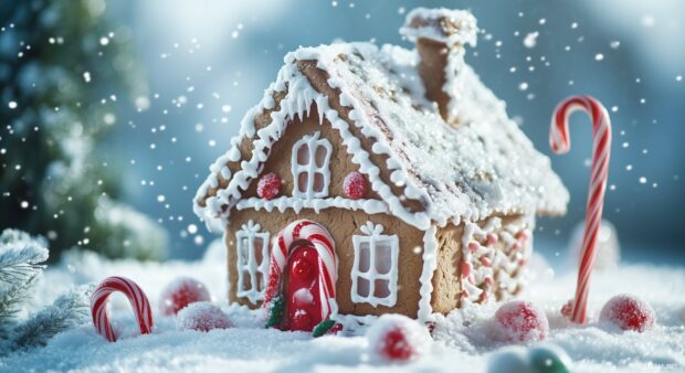 A snow covered gingerbread house with candy canes and gumdrops.