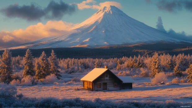 A snow covered mountain landscape wallpaper with a small wooden cabin at its base, surrounded by frosted pine trees.