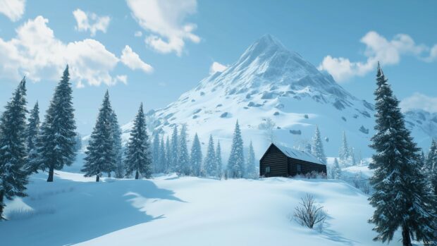 A snow covered mountain wallpaper with a small wooden cabin at its base, surrounded by frosted pine trees.