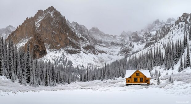 A snow covered mountain with a small wooden cabin at its base, surrounded by frosted pine trees.