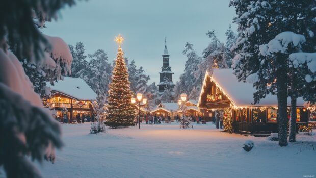 A snow covered village with twinkling Christmas lights and festive decorations.