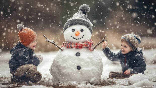 A snowman with a carrot nose and button eyes, surrounded by children building more snowmen.