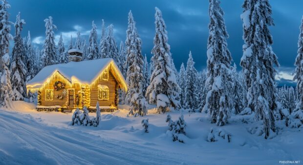 A snowy Christmas Laptop wallpaper with a small cabin adorned with lights.