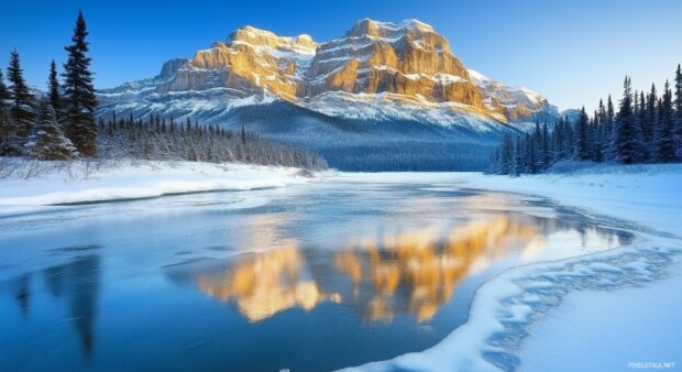 A snowy Mountain reflecting on a partially frozen alpine lake.