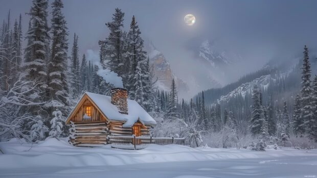 A snowy cabin in a forest with smoke rising from the chimney and a full moon.