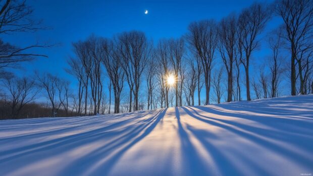 A snowy landscape glowing under the full moon, with tall trees casting long shadows on the pristine snow.