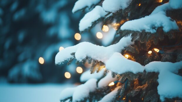 A snowy outdoor Christmas tree with twinkling lights, Christmas 4K wallpaper.