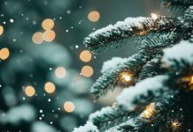 A snowy outdoor Christmas tree with twinkling lights, Christmas Laptop wallpaper.