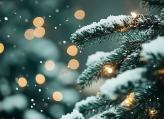 A snowy outdoor Christmas tree with twinkling lights, Christmas Laptop wallpaper.