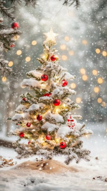 A snowy outdoor scene featuring a beautifully decorated Christmas tree illuminated by soft lights.