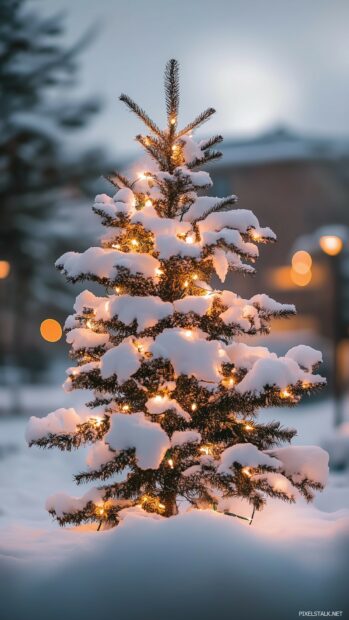 A snowy outdoor scene featuring a beautifully decorated Christmas tree illuminated by soft lights, wallpaper for iPhone.