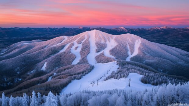 A snowy peak bathed in soft pink and orange hues of dawn, with rolling white slopes.